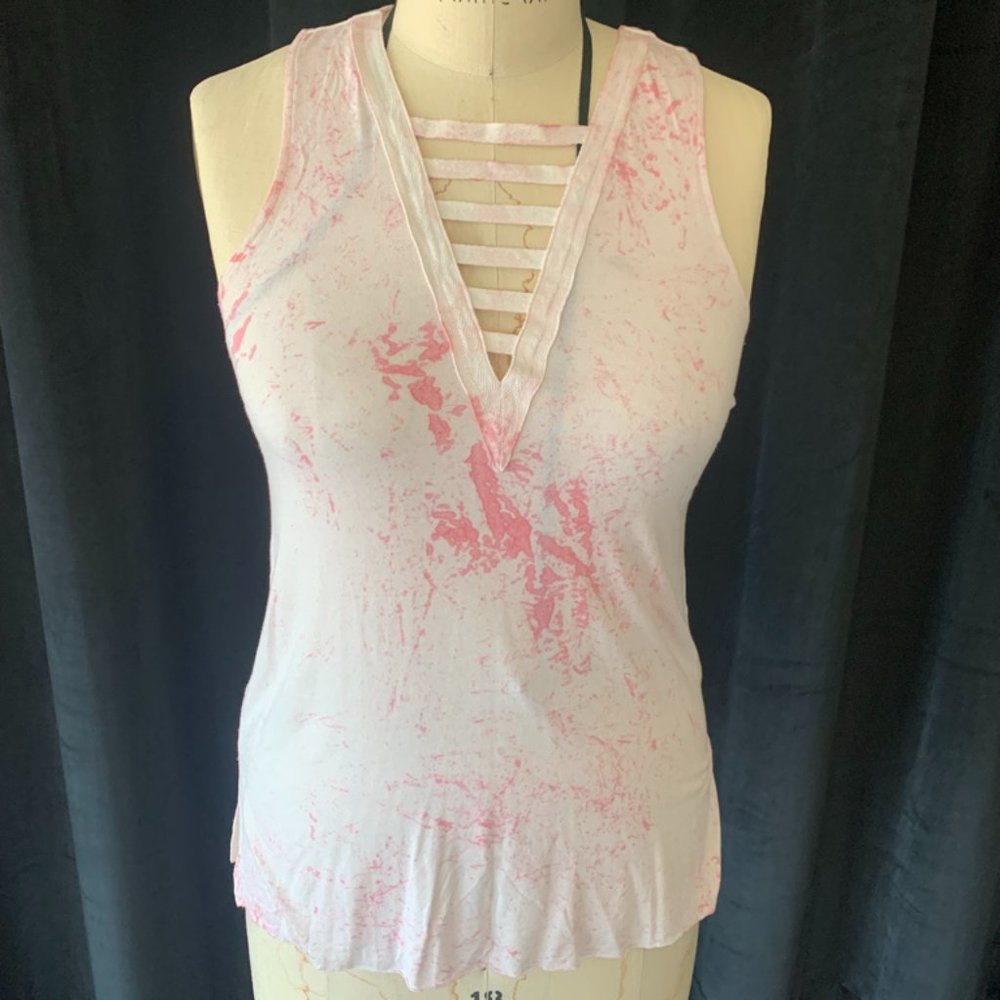 Pink Splatter Tie-Die Tank Top with Deep V-Neck
